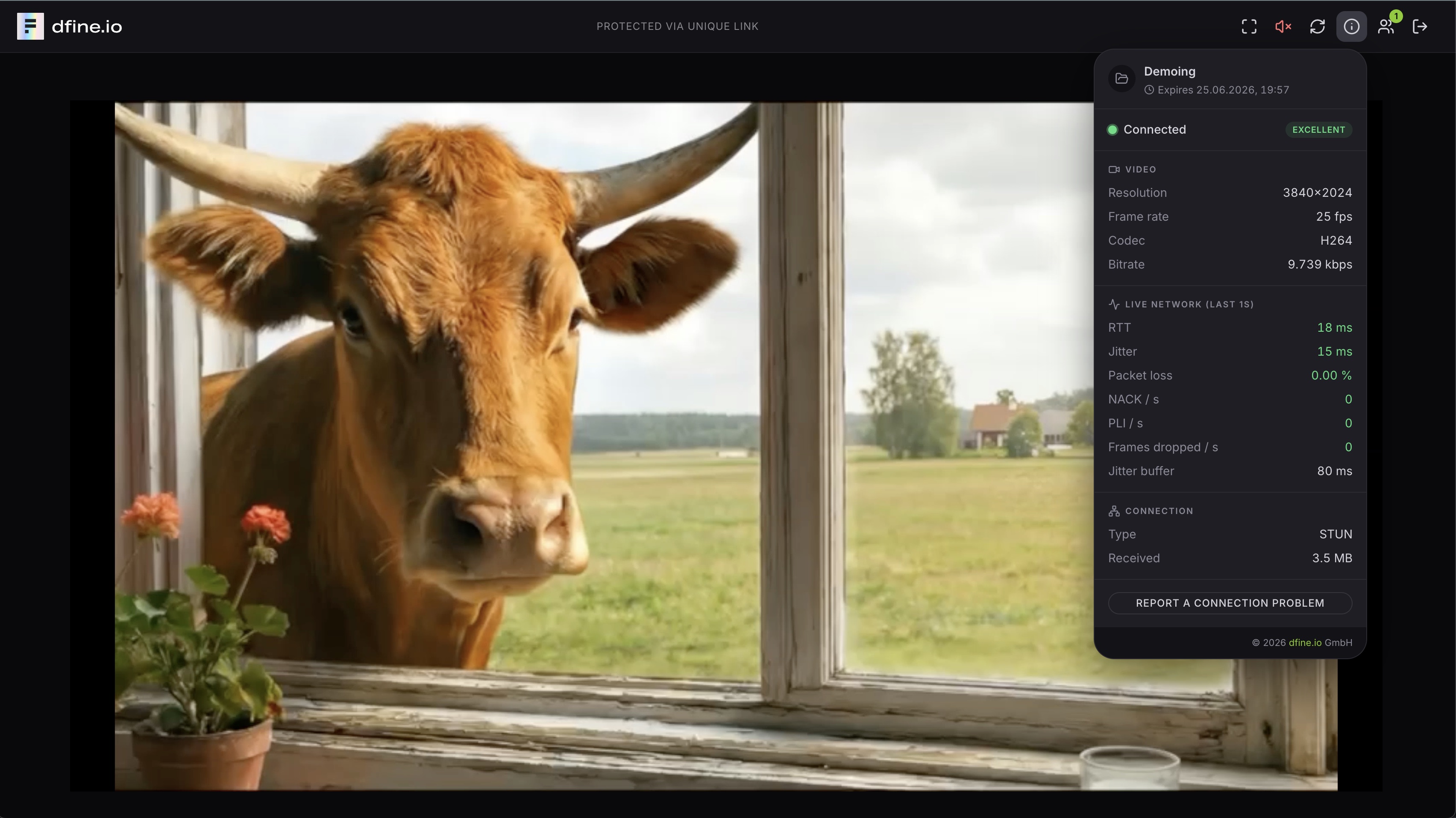 dfine.io Streaming Classic live player with network stats